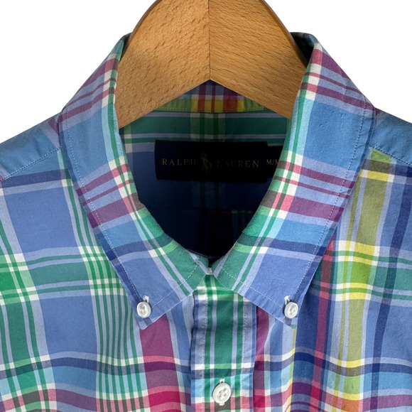 Ralph Lauren Short Sleeve Shirt Mens Medium Blue Plaid Button Down Polo Pony - Picture 8 of 9